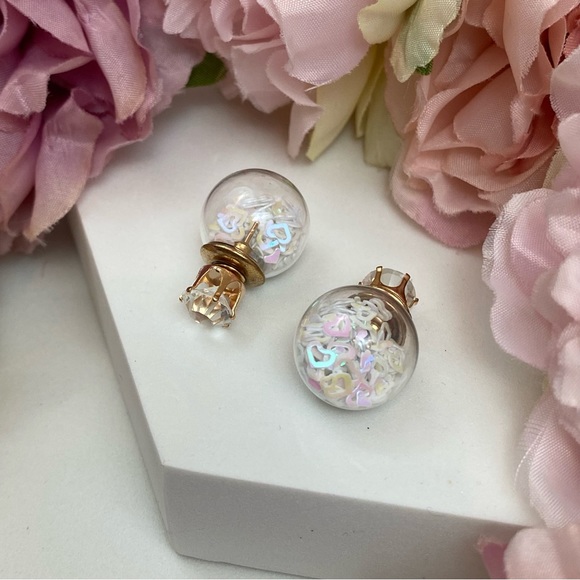 Double Stud Iridescent Heart Confetti Earrings - Picture 4 of 16